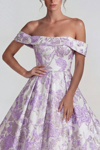 ZAPAKA Women Lilac Jacquard Midi Dress Off the Shoulder A Line Wedding  Guest Dress