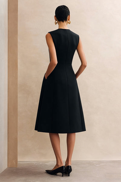 ZAPAKA Women Black Midi Work Dress A Line Round Neck Semi Formal Dress with Pockets, Black / US26W