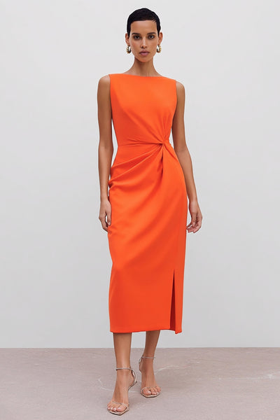 ZAPAKA Women Orange Satin Midi Work Dress with Slit Bateau Neck