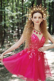 Fuchsia A-Line Spaghetti Straps Sequins Short Homecoming Dress with Appliques