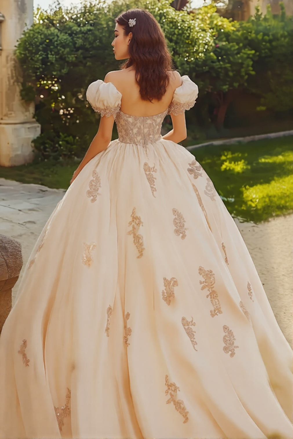 Princess Blush Ball Gown Off the Shoulder Tulle Quinceanera Dress with Appliques