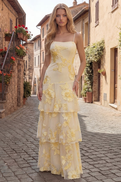 yellow spaghetti strap dress Zapaka Women Yellow Long Prom Dresses with Floral Embroidery A-Line Spaghetti Straps Tiered Formal Dress, Lilac / US24W