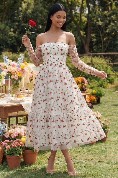 ZAPAKA Women Ivory Red Flower Wedding Guest Dress A-Line Strapless Midi Floral Dress with Sheer Sleeves, Ivory / US14