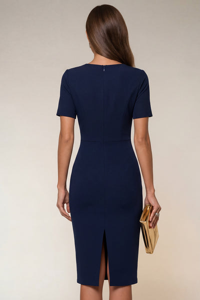 ZAPAKA Women Navy Bodycon Work Dress Short Sleeves V-Neck Midi Formal Dress with Slit, Navy / US24W