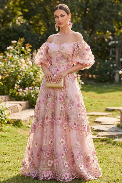 pink off shoulder dress Zapaka Women A-Line Floral with Puff Sleeves the Fuchsia Tulle Appliqued Long Wedding Guest Dress, Pink Fuchsia / US4 34 inches or 82 Size:42W X 30L color-group:alessia-dress Long sleeve satin wedding