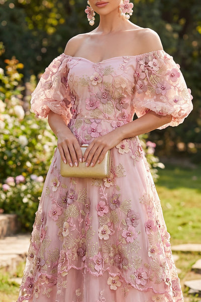 Zapaka Women A-Line Floral Dress with Puff Sleeves Off the Shoulder Pink Fuchsia Tulle Appliqued Long Wedding Guest Dress, Pink Fuchsia / US4