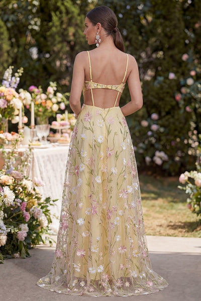Zapaka Women Light Yellow Maxi Floral Dress with Slit Spaghetti Straps A-Line Hollow Appliqued Backless Zipper Wedding Guest Dresses, Light Yellow