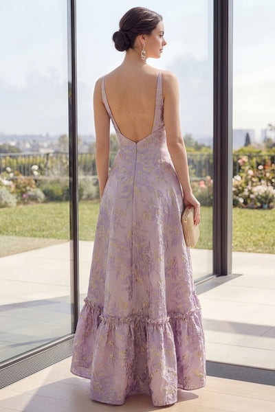 Zapaka Women Dusty Lilac Jacquard Maxi Floral Dress A Line