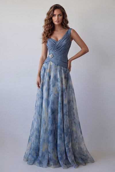 dusty blue formal dress ZAPAKA Women V-Neck A-Line Chiffon Ruched Floral Long Wedding Guest Dress, Dusty Blue / US2 size:44 Strapless Sleeves Rust Tennis Dress blue denim mini dress