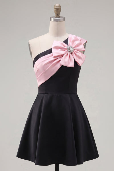 Zapaka Women Black Pink Homecoming Dress with 3D Flower One Shoulder A-Line Cocktail  Dress – ZAPAKA