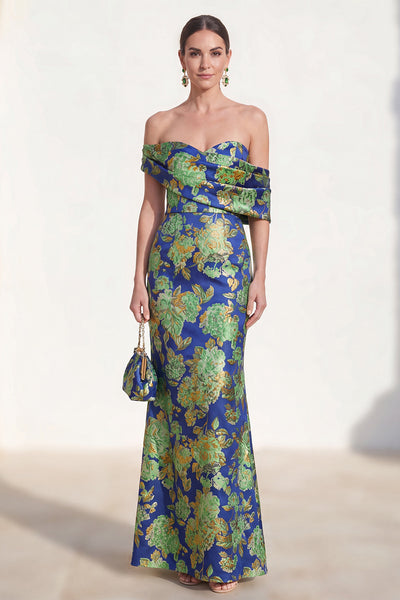 Zapaka Women Navy Green Mother Of the Bride Dress Off the Shoulder