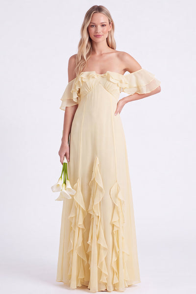 daffodil bridesmaid dresses ZAPAKA Women Long Dress Off the Shoulder Chiffon A-Line Ruffled Wedding Guest Dress, Daffodil / US6 This One Shoulder Sheath/Column 867170 Hello Miz Women's Floral Color:Teal*