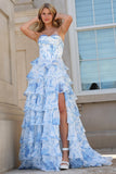 A-Line Sweetheart Tiered Blue White Flower Long Prom Dress with Slit