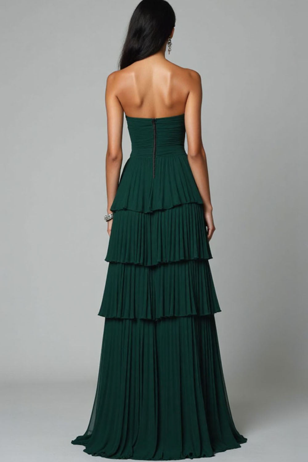 Dark Green Strapless Tiered Prom Dress with Slit
