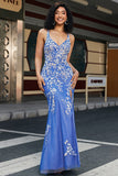 Trendy Mermaid V Neck Light Blue Long Prom Dress with Appliques Slit