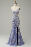 Mermaid V Neck Light Purple Long Prom Dress with Appliques Beading