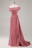 Champagne Sheath One Shoulder Pleated Long Formal Dress with Side Streamer