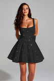 Sparkly Black A Line Square Neck Sequins Short Cocktail Dress with Back Giant Bow