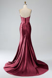 Blush Pink Mermaid Strapless Pleated Corset Long Prom Dress with Slit