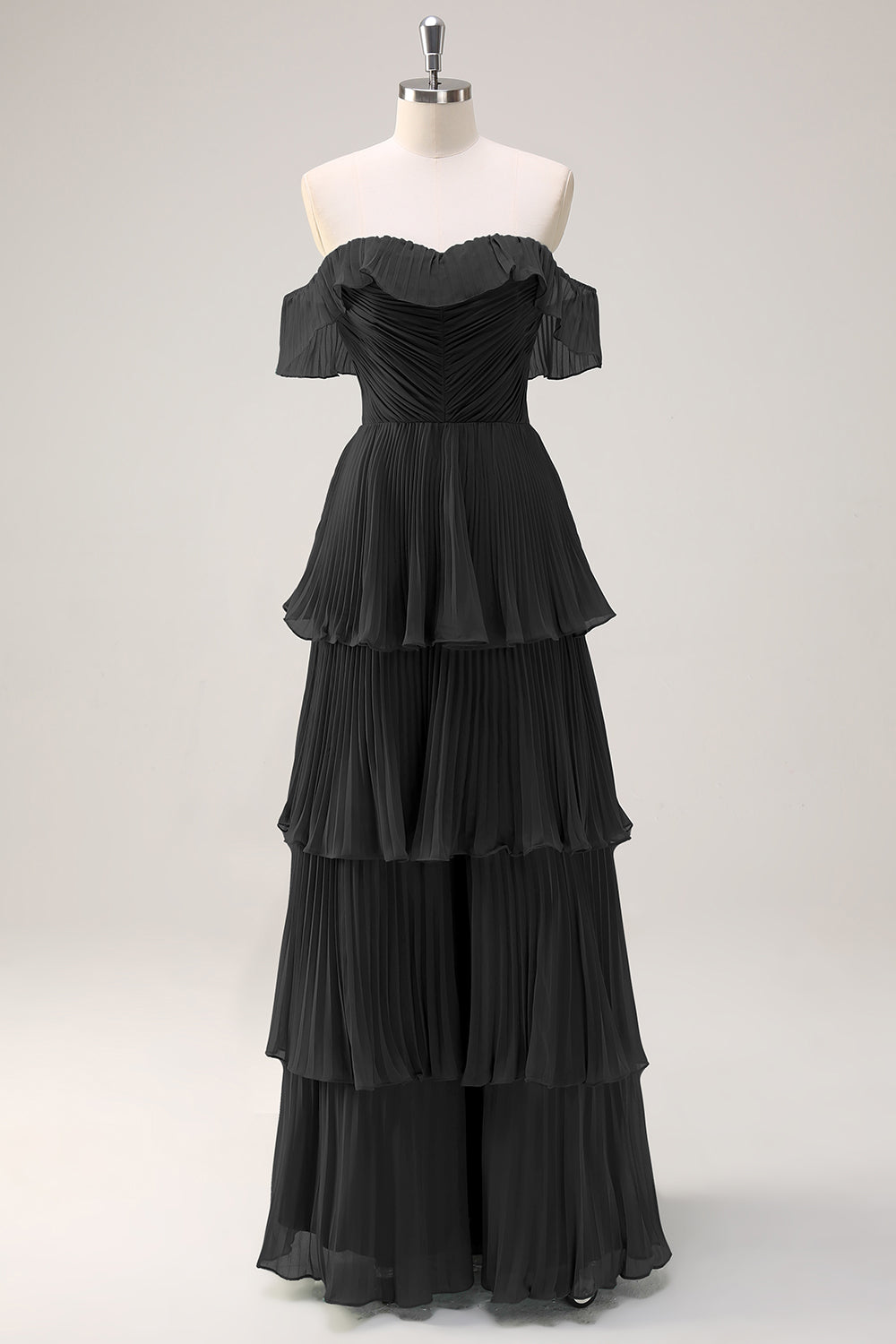 Eucalyptus A Line Off the Shoulder Tiered Pleated Long Bridesmaid Dress with Slit