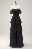 Eucalyptus A Line Off the Shoulder Tiered Pleated Long Bridesmaid Dress with Slit