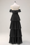 Eucalyptus A Line Off the Shoulder Tiered Pleated Long Bridesmaid Dress with Slit