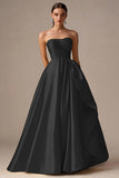 Yellow Strapless A Line Satin Long Prom Dress