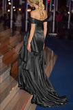 Dark Green Off the Shoulder Satin Ruched Mermaid Long Gala Dress with Ruffles