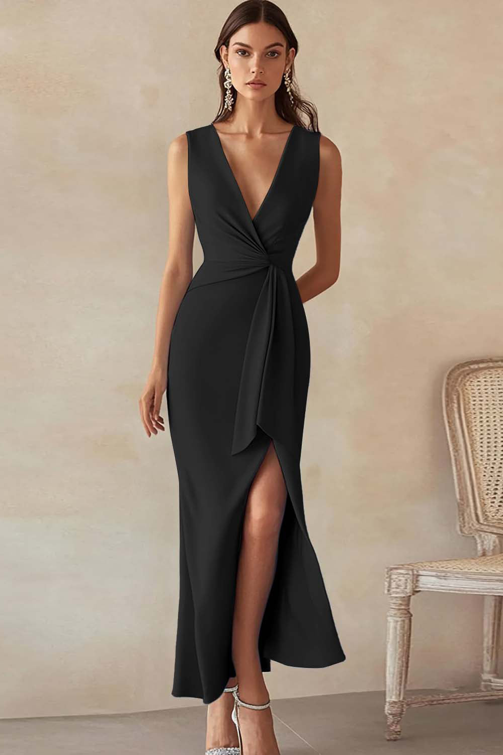 Sky Blue Satin V-Neck Long Work Dress with Slit
