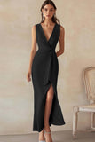 Sky Blue Satin V-Neck Long Work Dress with Slit