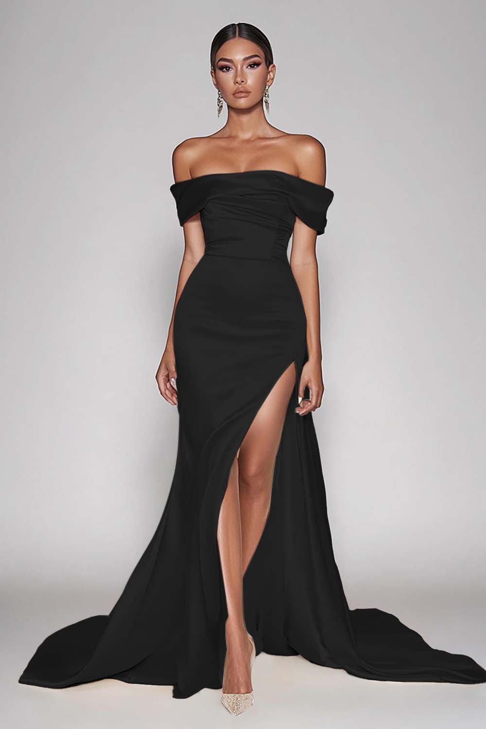 Champagne Off The Shoulder Satin Long Mermaid Prom Dress with Slit