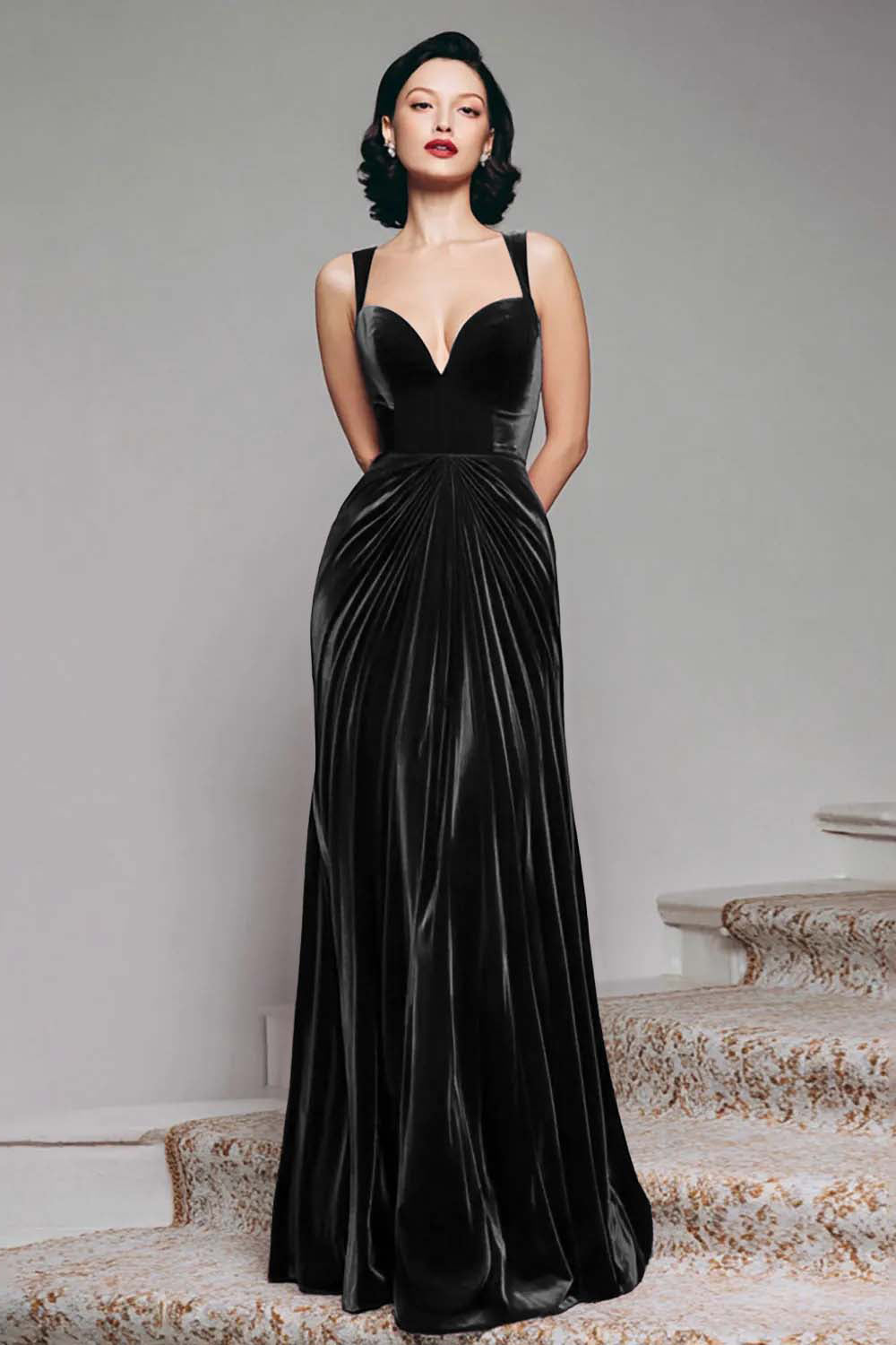 Black Velvet A-Line Long Formal Dress