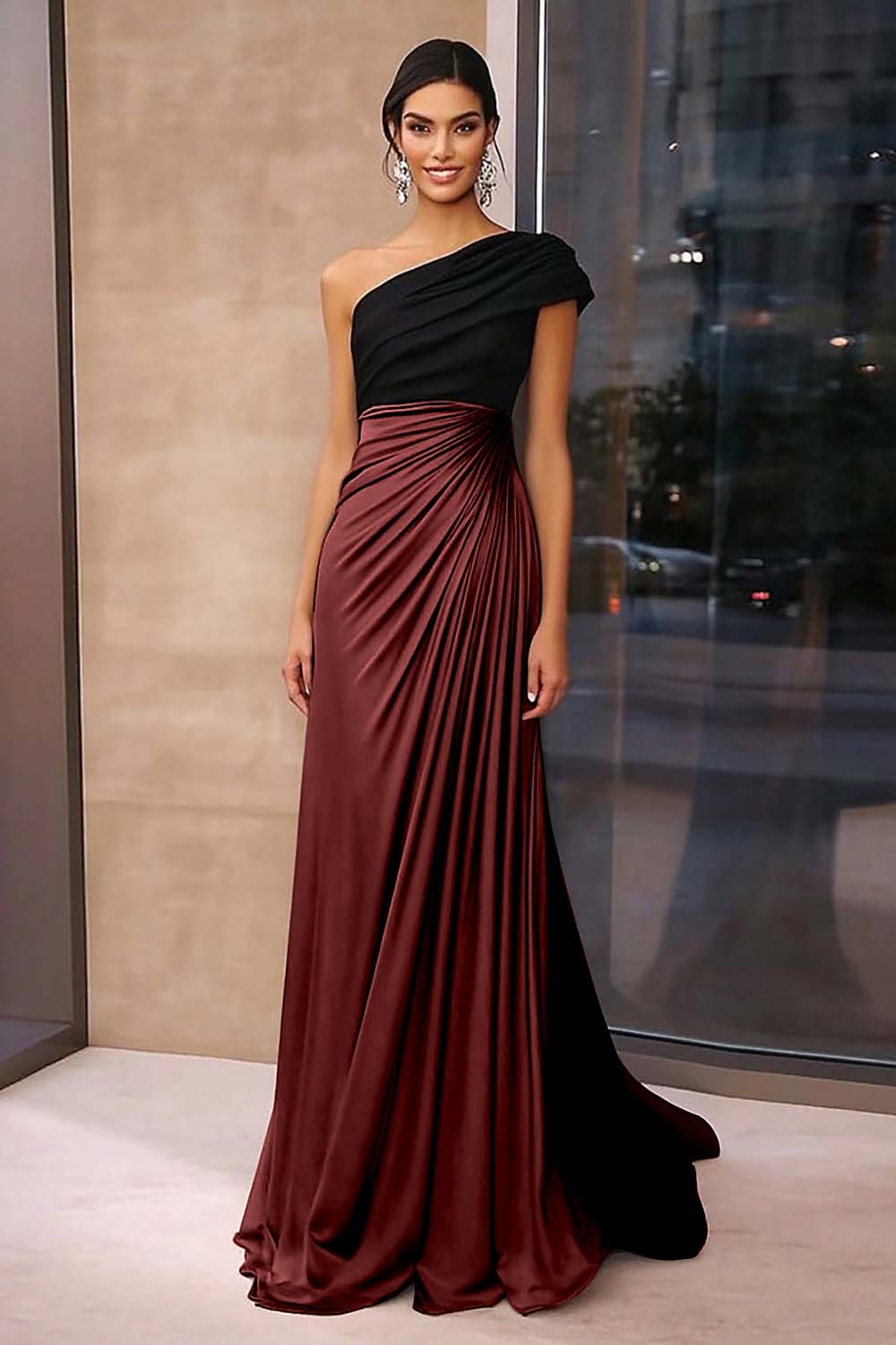 Brown Crepe Sheath Ruched One Shoulder Gala Dress