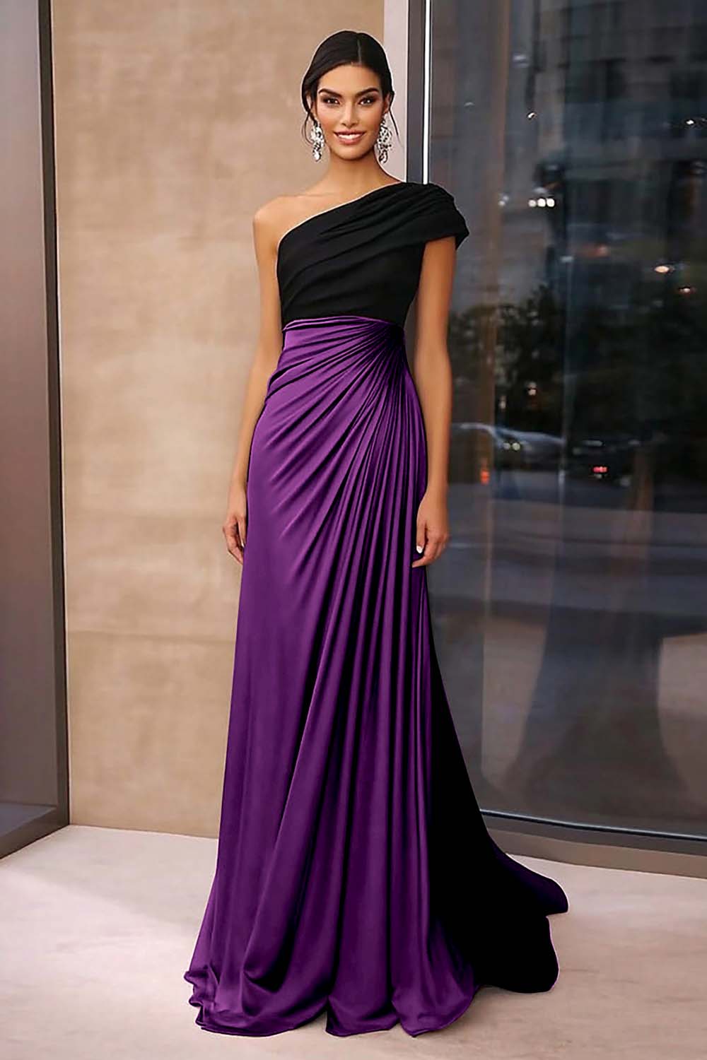 Brown Crepe Sheath Ruched One Shoulder Gala Dress