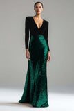 Sparkly Gold and Black V-Neck Sheath Long Formal Dress