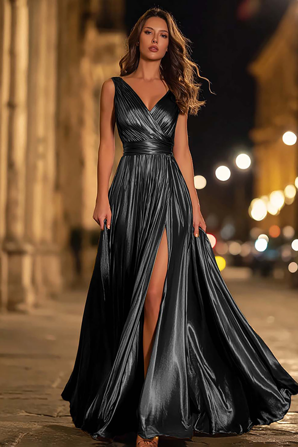 Metallic V-Neck A-Line Gold Long Formal Dress With Slit