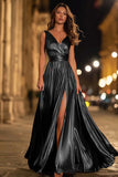 Metallic V-Neck A-Line Gold Long Formal Dress With Slit