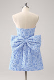 Fuchsia A Line Floral Strapless Brocade Short Homecoming Dress with Back Giant Bow