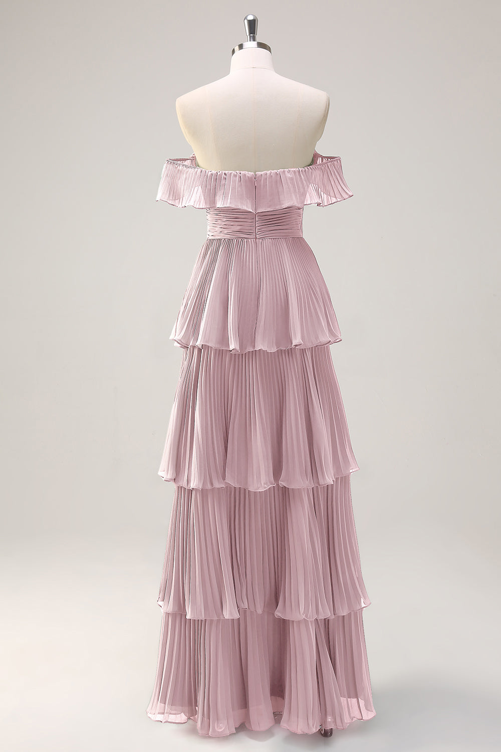 Eucalyptus A Line Off the Shoulder Tiered Pleated Long Bridesmaid Dress with Slit