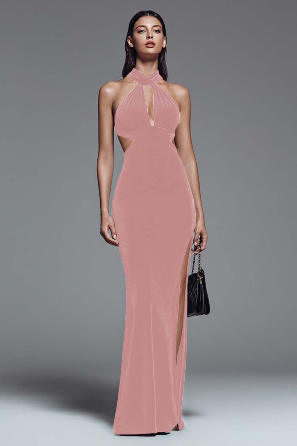 Dark Green Velvet Halter Sheath Long Formal Dress with Slit