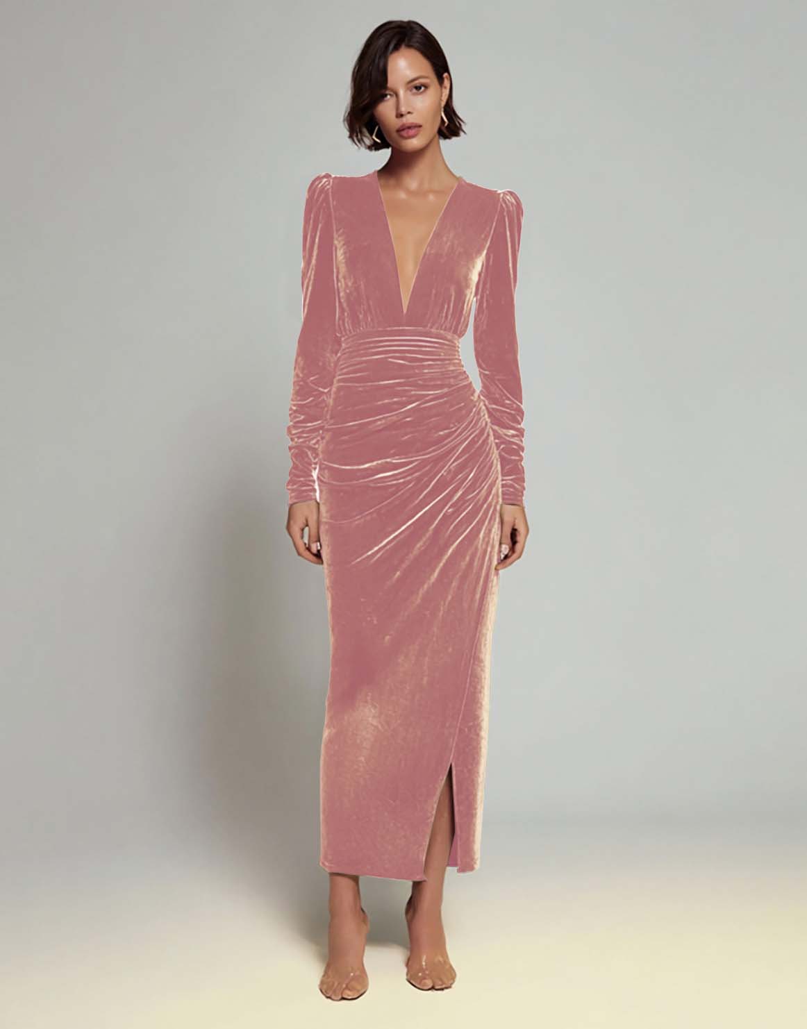 Olive Sheath V-Neck Ruched Velvet Long Formal Dress with slit