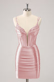 Golden Spaghetti Straps Bodycon Corset Homecoming Dress with Sequins