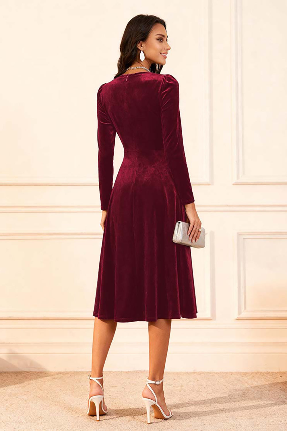 Dark Green A Line Velvet Long Sleeve Holiday Party Dress