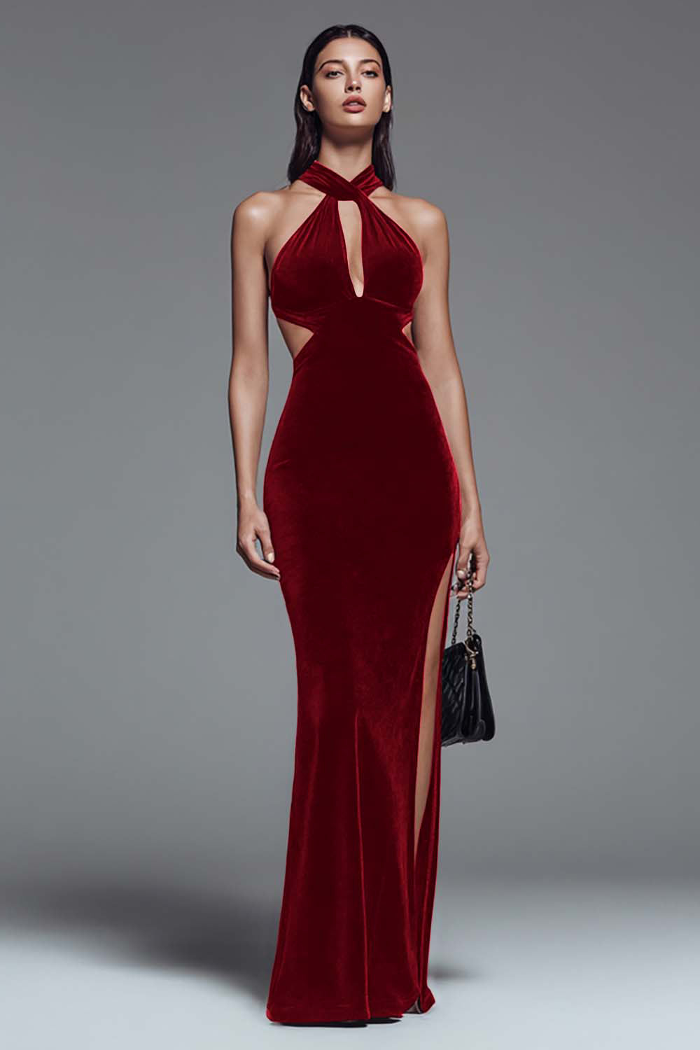 Dark Green Velvet Halter Sheath Long Formal Dress with Slit