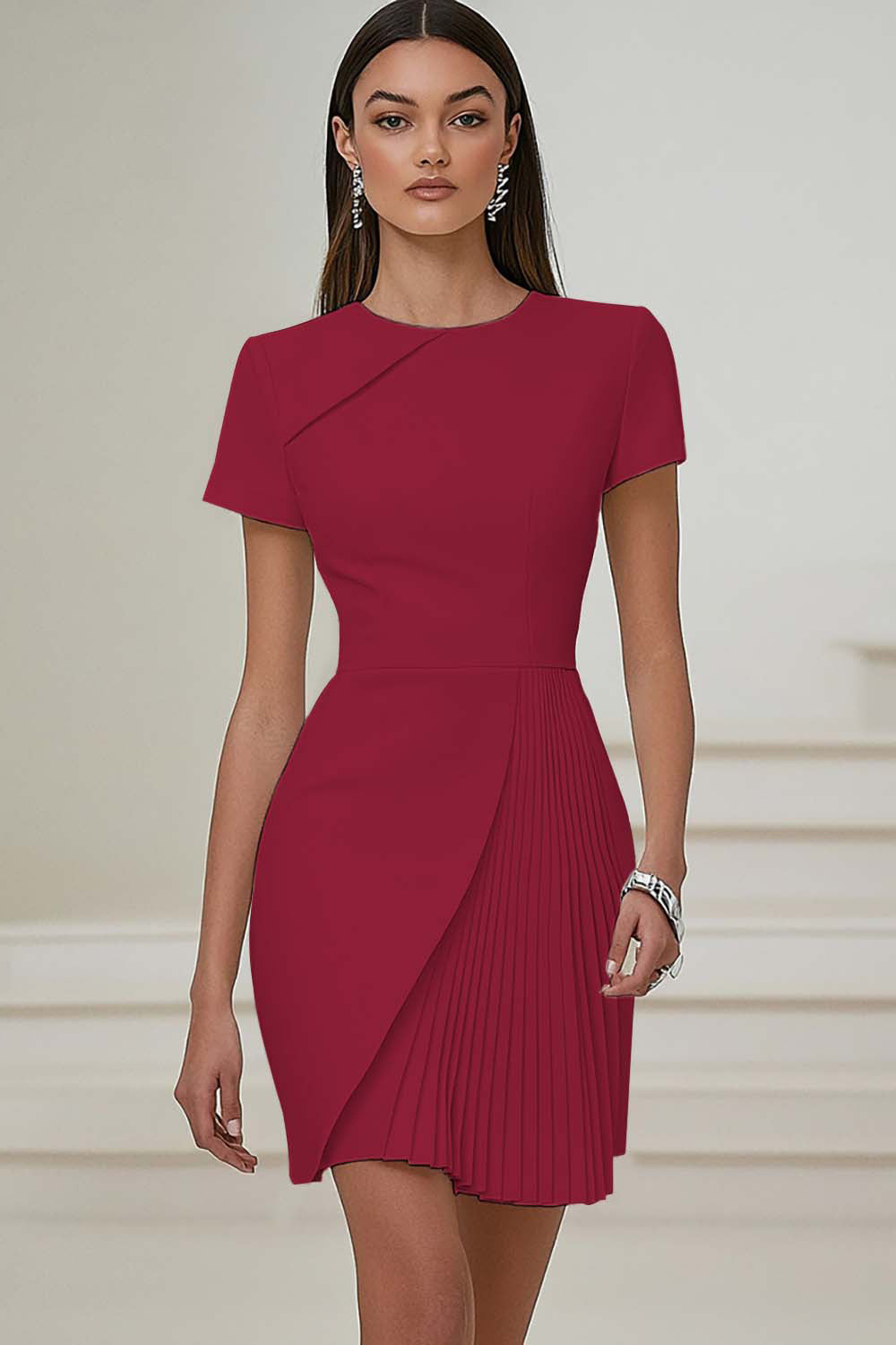 Ivory Pleated Work Dress with Short Sleeves