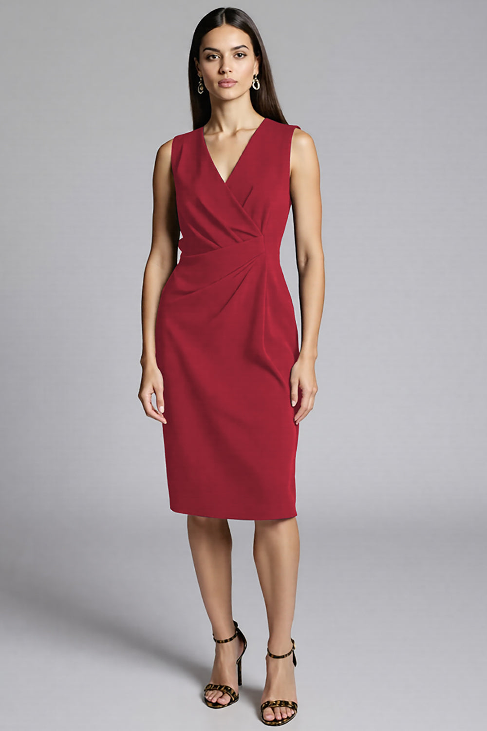 Navy Sheath Ruched Midi Work Dress