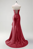 Sparkly Grey Blue Mermaid Strapless Ruffle Corset Satin Long Prom Dress with Slit