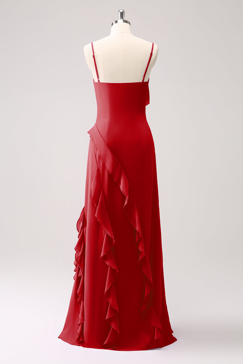 Tahiti Ruffle Spaghetti Straps Chiffon Long Bridesmaid Dress with Slit