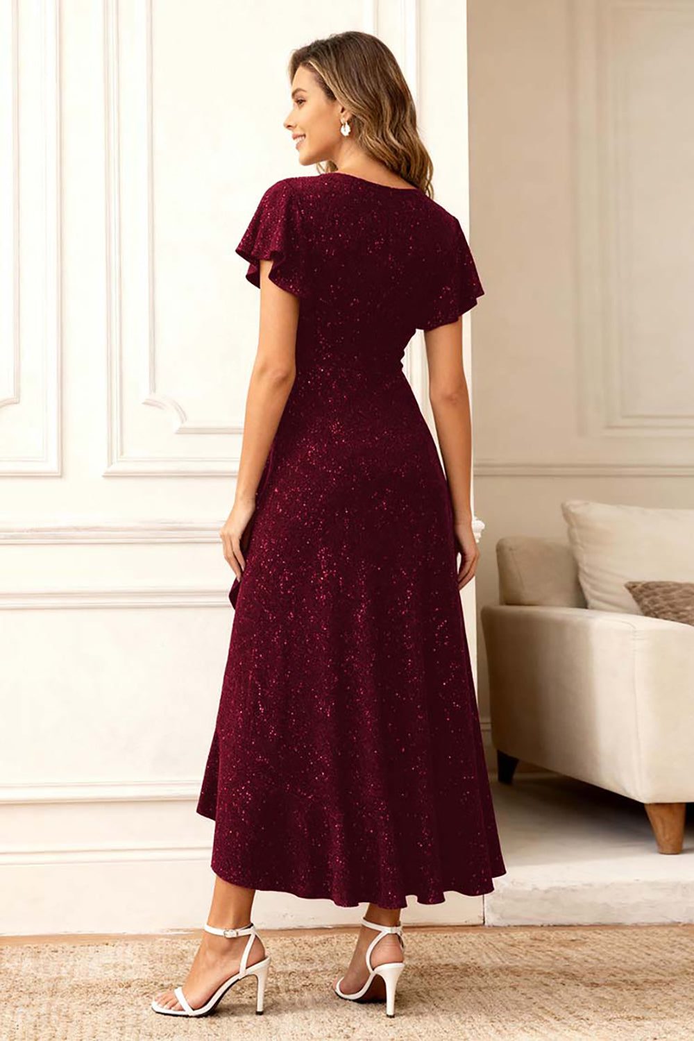 Glitter Black A Line Ruffle Holiday Party Dress with Sleeves