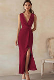 Sky Blue Satin V-Neck Long Work Dress with Slit